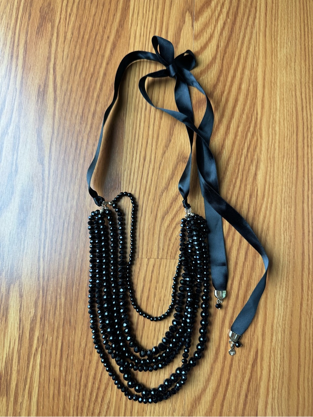 Ann Taylor Loft Black Beaded Ribbon Necklace